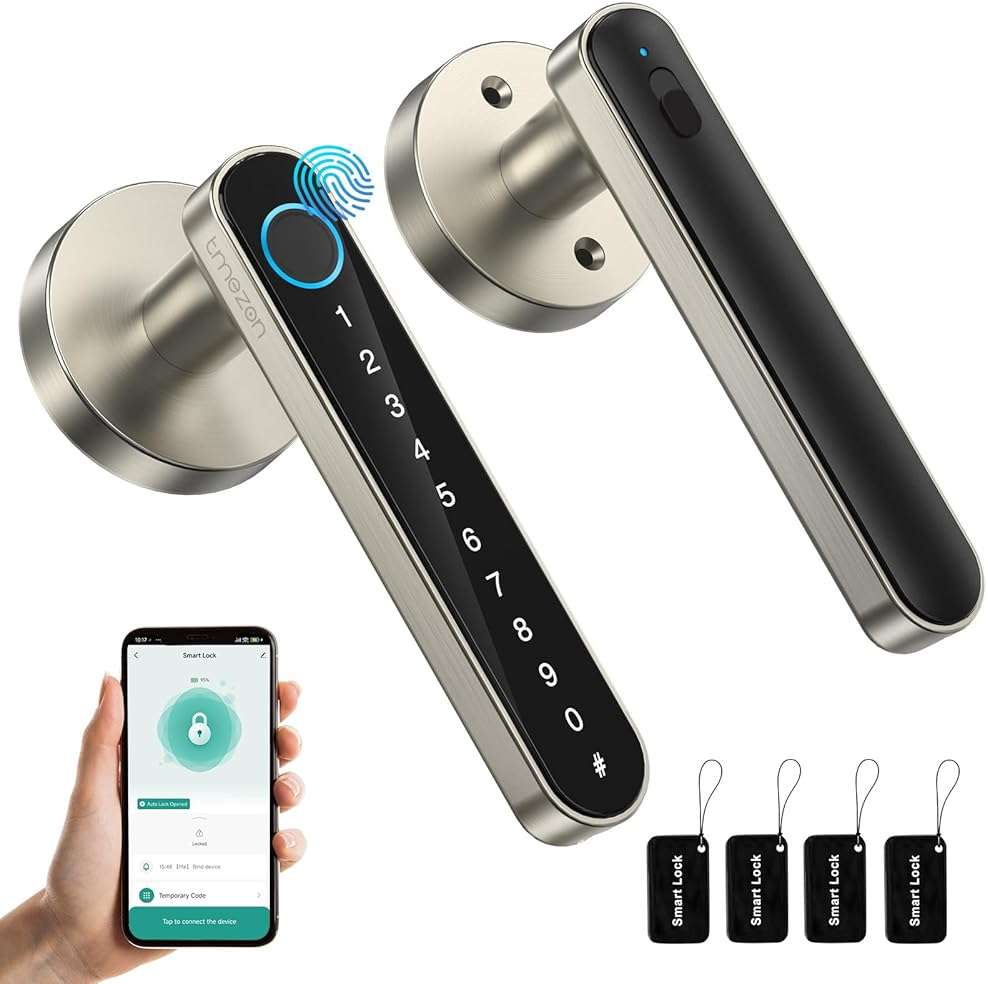 TMEZON Smart Door Lock Fingerprint, Keyless Entry Door Lock with Handle, APP/IC Cards/Codes/Keys/Fingerprints Biometric Electronic Keyless Entry Lock for Bedroom Home Hotel Office - Image 1