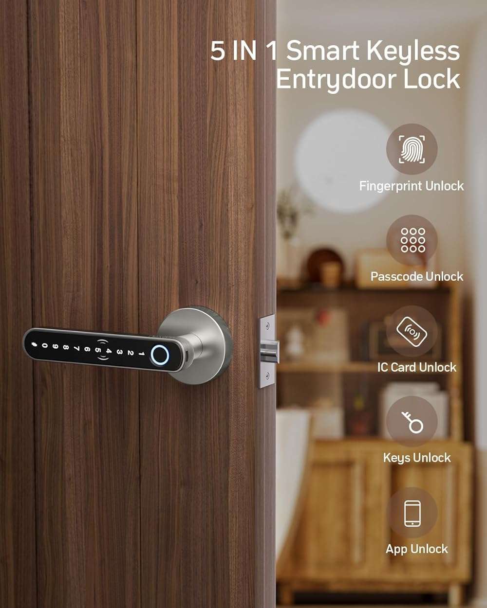 TMEZON Smart Door Lock Fingerprint, Keyless Entry Door Lock with Handle, APP/IC Cards/Codes/Keys/Fingerprints Biometric Electronic Keyless Entry Lock for Bedroom Home Hotel Office - Image 3