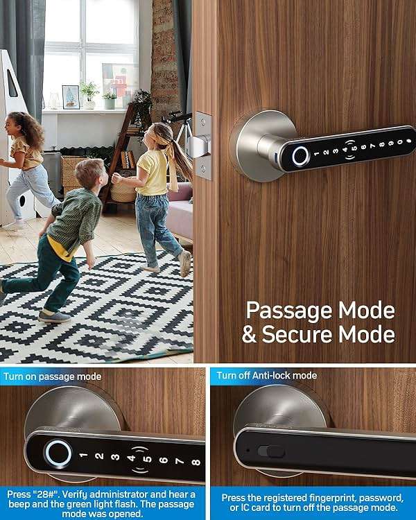 TMEZON Smart Door Lock Fingerprint, Keyless Entry Door Lock with Handle, APP/IC Cards/Codes/Keys/Fingerprints Biometric Electronic Keyless Entry Lock for Bedroom Home Hotel Office - Image 4