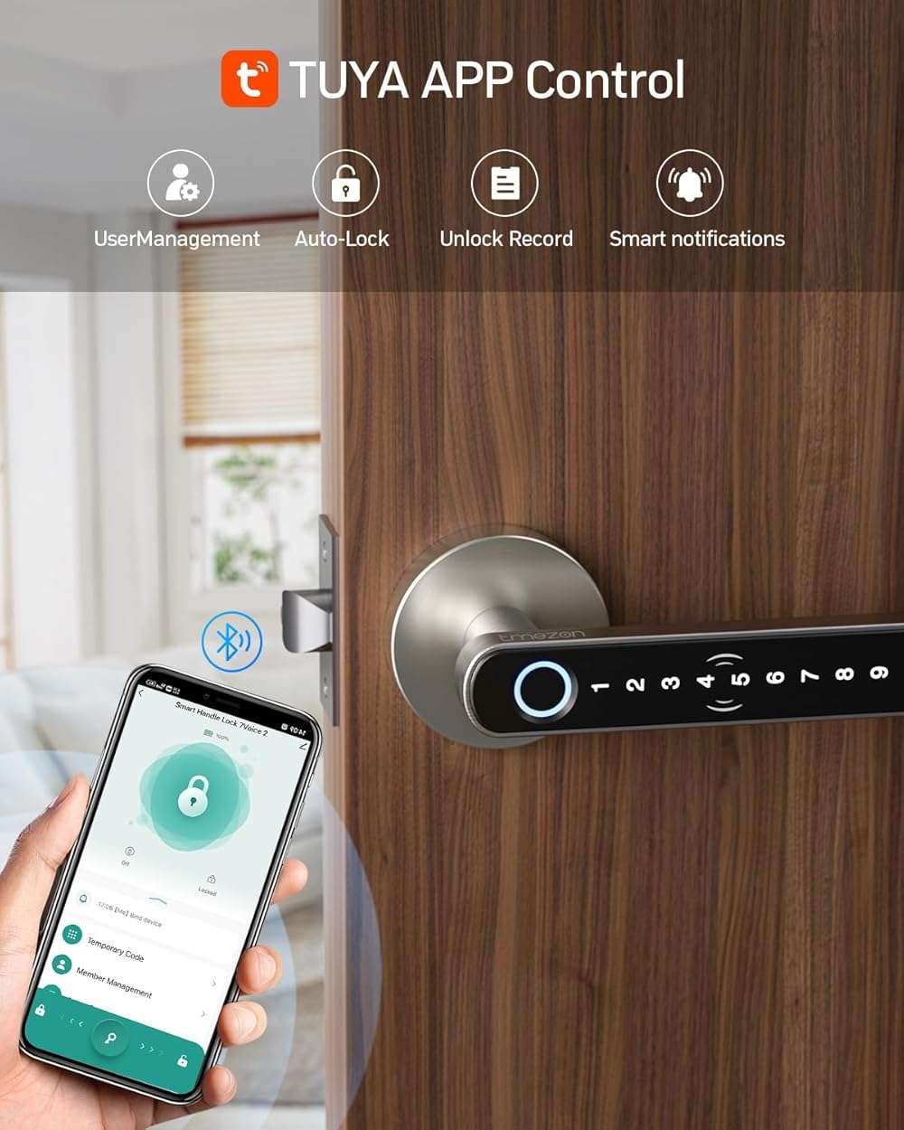 TMEZON Smart Door Lock Fingerprint, Keyless Entry Door Lock with Handle, APP/IC Cards/Codes/Keys/Fingerprints Biometric Electronic Keyless Entry Lock for Bedroom Home Hotel Office - Image 6