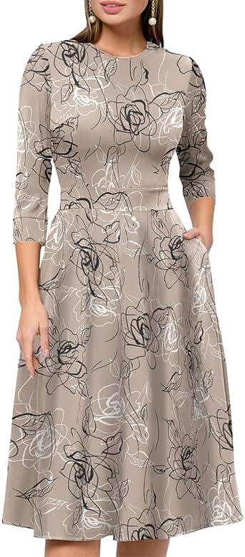 Simple Flavor Women's Floral Vintage Dress Elegant Midi Evening Dress 3/4 Sleeves - Image 5