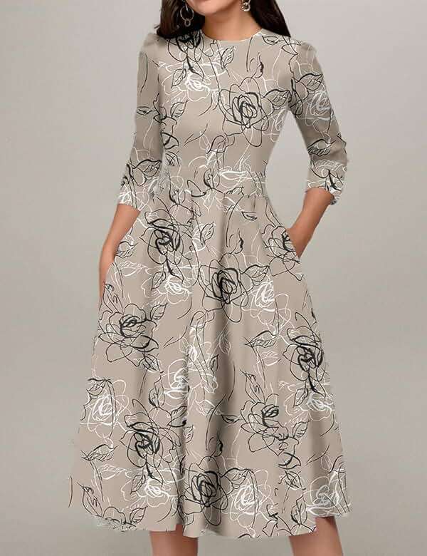 Simple Flavor Women's Floral Vintage Dress Elegant Midi Evening Dress 3/4 Sleeves - Image 7