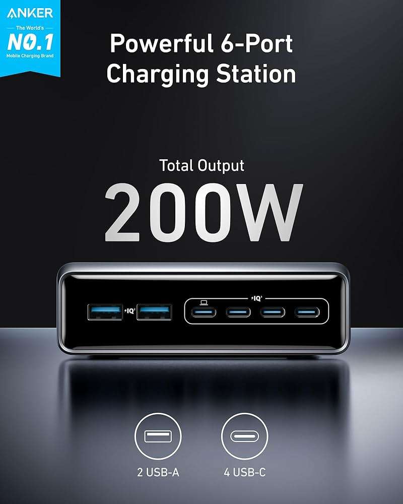 Anker Prime Charging Station, 200W 6-Port GaN Desktop Charger, Fast Charging USB C Charger for Multiple Devices, Compatible with iPhone, Galaxy, MacBook, Dell and More - Image 2
