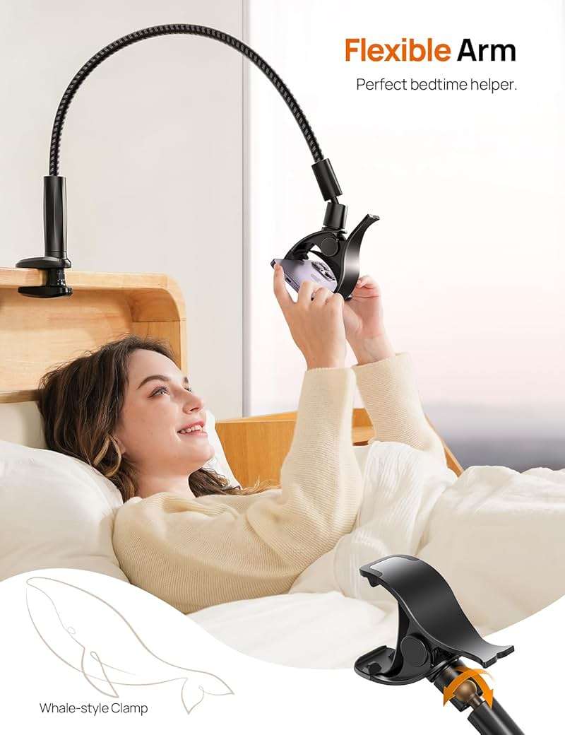Aomiker Gooseneck Phone Holder for Bed - [Unique Nylon Braid] 38” Long Flexible Lazy Arm Clip, 360 Adjustable Overhead Phone Mount for iPhone 15 14 13 12 11 Pro Max Mini Plus, All 4-7" Cellphone - Image 2