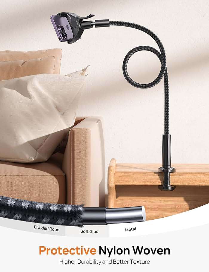Aomiker Gooseneck Phone Holder for Bed - [Unique Nylon Braid] 38” Long Flexible Lazy Arm Clip, 360 Adjustable Overhead Phone Mount for iPhone 15 14 13 12 11 Pro Max Mini Plus, All 4-7" Cellphone - Image 3