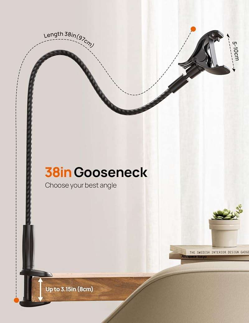 Aomiker Gooseneck Phone Holder for Bed - [Unique Nylon Braid] 38” Long Flexible Lazy Arm Clip, 360 Adjustable Overhead Phone Mount for iPhone 15 14 13 12 11 Pro Max Mini Plus, All 4-7" Cellphone - Image 4