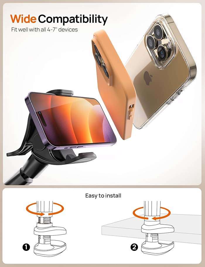 Aomiker Gooseneck Phone Holder for Bed - [Unique Nylon Braid] 38” Long Flexible Lazy Arm Clip, 360 Adjustable Overhead Phone Mount for iPhone 15 14 13 12 11 Pro Max Mini Plus, All 4-7" Cellphone - Image 6