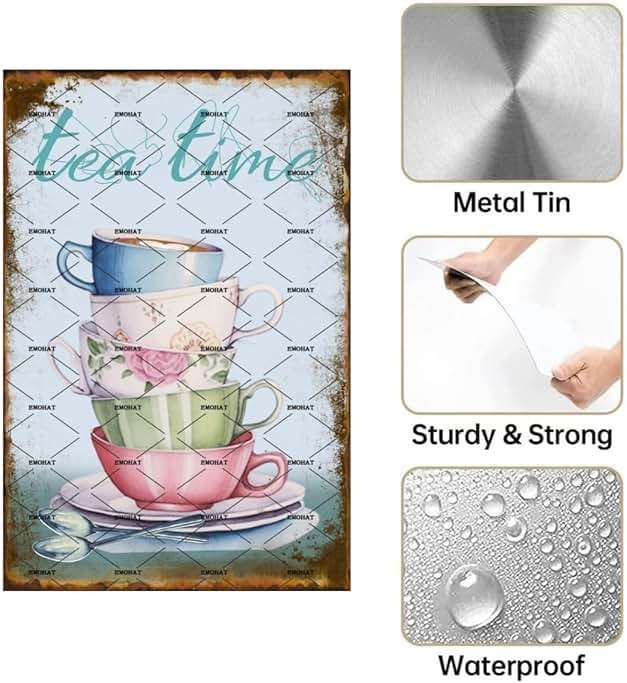 EMOHAT Vintage Style Metal Tin Sign Wall Decoration Tea Cup Tea Time Coffee House Dessert Shop Metal Plaque Tin Poster Home Bar Pub Garage Shop Kitchen Restaurant Tin Metal Sign 8x12 Inch - Image 4
