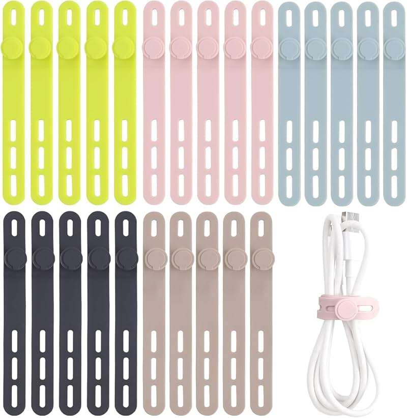 Oligei 25 Pcs Silicone Cable Ties, Cable Ties Reusable, High Elasticity Cord Wraps for Electrical Cords, Cord Organizer for Earphone, Phone Charger(Colorful) - Image 1