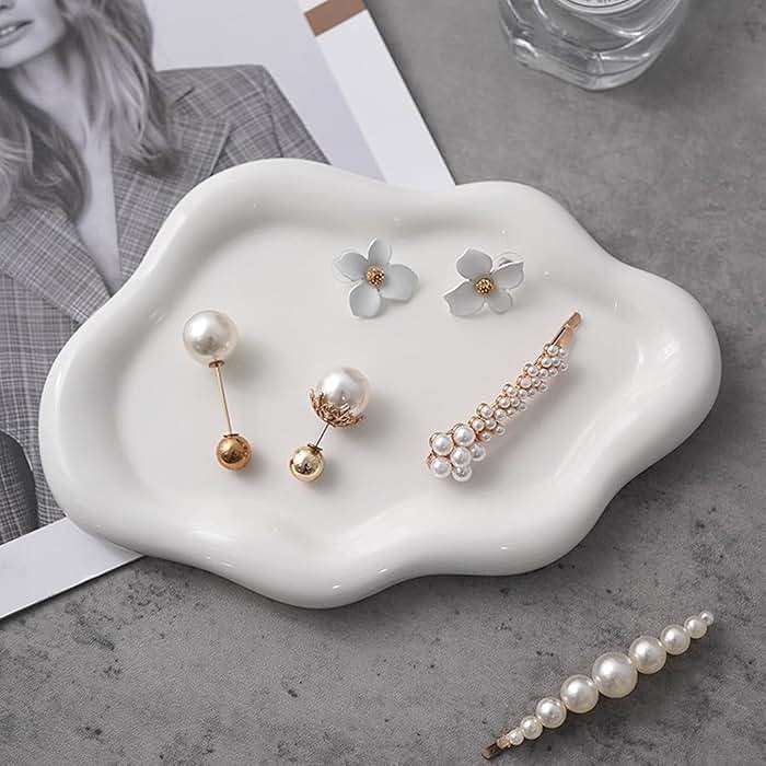 BESSKON Small Jewelry Dish for Women, Gifts for Mom, Ceramic Jewlery Tray Ring Holder, Vanity Ring Dish Cute Cloud Tray, Nightstand Decor Trinket Bowl for Earrings, Perfume, Keys, White Jewelry Plate - Image 5