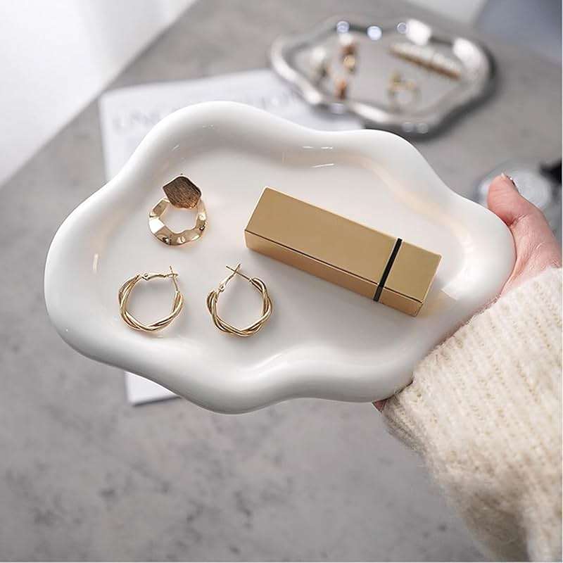 BESSKON Small Jewelry Dish for Women, Gifts for Mom, Ceramic Jewlery Tray Ring Holder, Vanity Ring Dish Cute Cloud Tray, Nightstand Decor Trinket Bowl for Earrings, Perfume, Keys, White Jewelry Plate - Image 9
