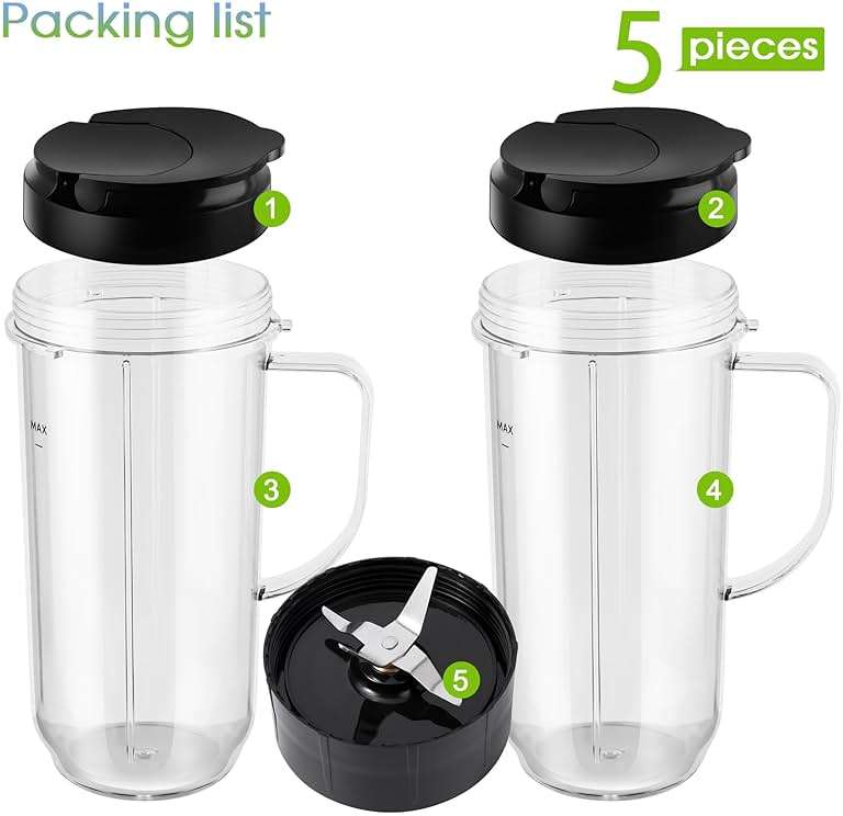 5-piece Magic Bullet Blender Cups, Tall 22oz Cup with Flip-Top To-Go Lid, Cross Blade, Blender Replacement Parts, Mug with Handle Compatible with Magic Bullet 250w MB1001 - Image 3