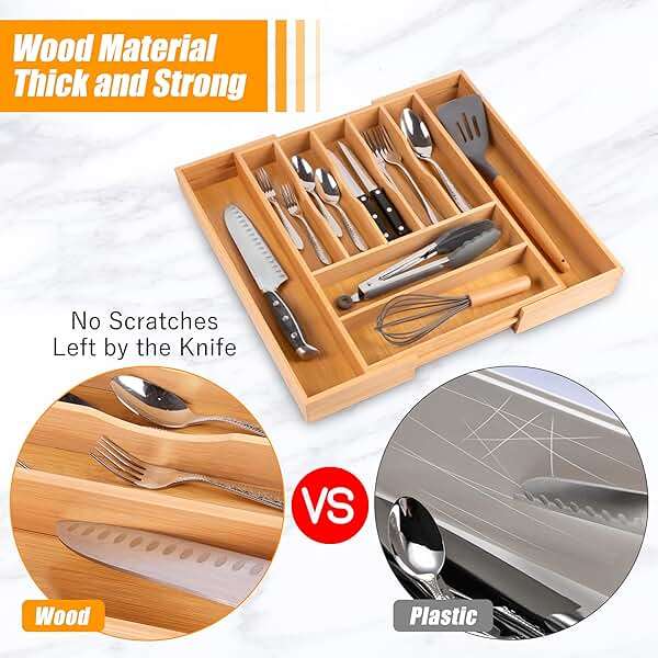 Bellsal Large Premium Bamboo Silverware Organizer - Expandable Utensil Drawer Organizer - 17"x19.6" Utensil Holder and Cutlery Tray with Grooved for Kitchen Flatware and Utensils Mother's Day Gift - Image 5