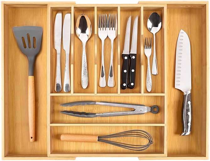 Bellsal Large Premium Bamboo Silverware Organizer - Expandable Utensil Drawer Organizer - 17"x19.6" Utensil Holder and Cutlery Tray with Grooved for Kitchen Flatware and Utensils Mother's Day Gift - Image 8