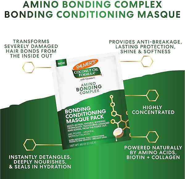 Palmer's Amino Bonding Complex Hair Mask, Intense Conditioning Masque Pack with Coconut Oil & Vitamin E, Heat Protectant, Anti Frizz, Adds Shine, Protects Hair Growth, All Hair Types, 2.1 oz packette - Image 2