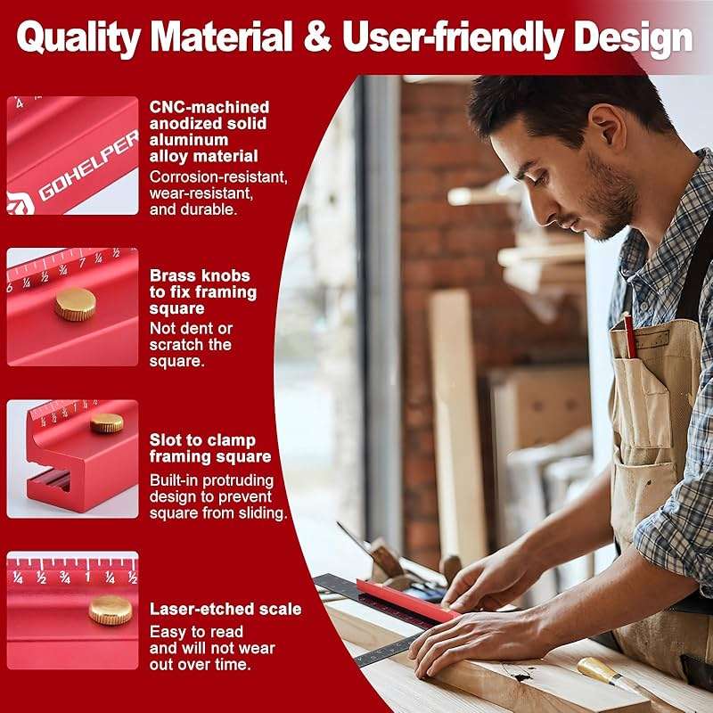 8 Inch Removable Carpenter Framing Square Fence with Edge Marking Ruler, Anodized Solid Aluminum Alloy Body & Brass Knobsn for Woodworking Measuring Ruler Stops Fences - Image 4