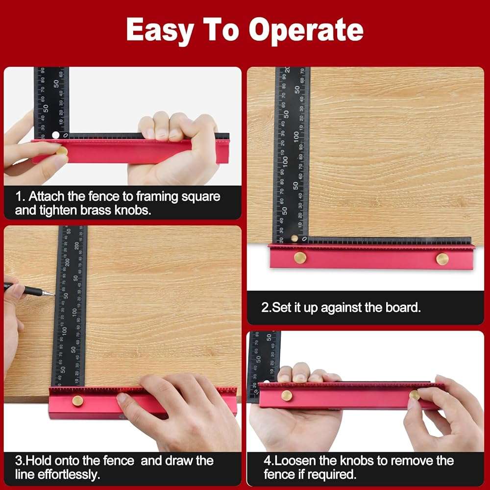 8 Inch Removable Carpenter Framing Square Fence with Edge Marking Ruler, Anodized Solid Aluminum Alloy Body & Brass Knobsn for Woodworking Measuring Ruler Stops Fences - Image 6