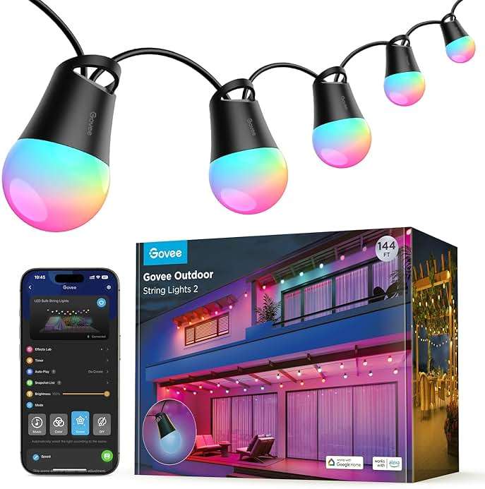 Govee Smart Outdoor String Lights 2, 144ft Outdoor Lights with Dimmable Warm White LED Bulbs, 47 Scene Modes for Patio, Backyard, Balcony, IP65 Waterproof, Works with Alexa, App Control - Image 1