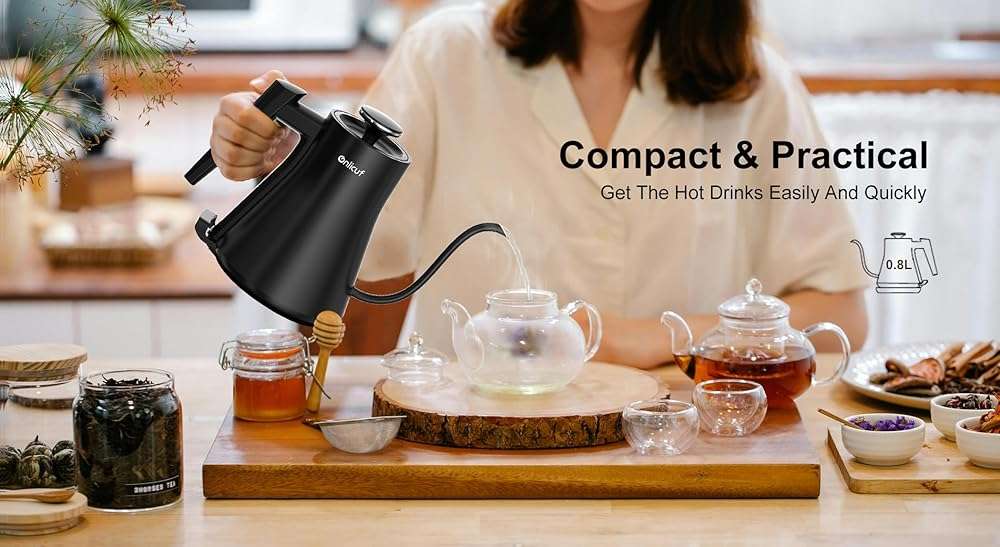 Onlicuf Gooseneck Electric Kettle 0.8L (27oz) - 1000W Rapid Fast Boiling Tea Kettle with Auto Shut Off & Boil-Dry Protection, Stainless Steel Leak-Proof Water Boiler for Pour Over Coffee, Black - Image 2