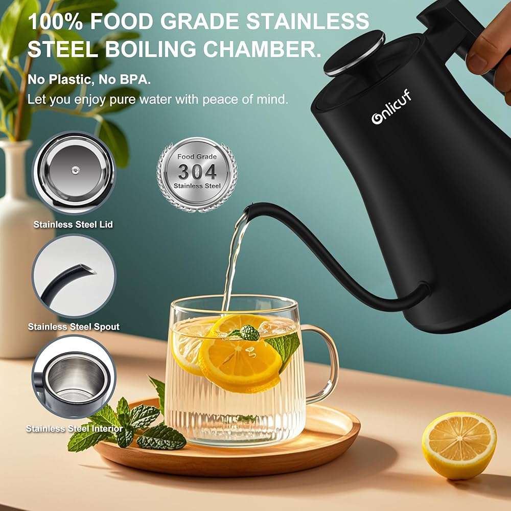 Onlicuf Gooseneck Electric Kettle 0.8L (27oz) - 1000W Rapid Fast Boiling Tea Kettle with Auto Shut Off & Boil-Dry Protection, Stainless Steel Leak-Proof Water Boiler for Pour Over Coffee, Black - Image 6