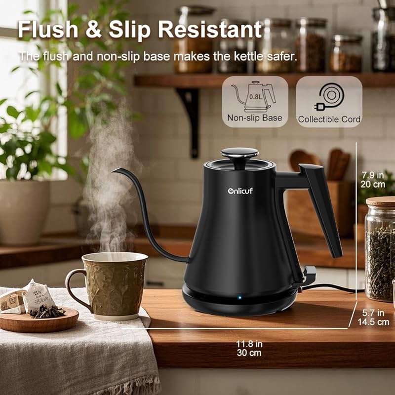 Onlicuf Gooseneck Electric Kettle 0.8L (27oz) - 1000W Rapid Fast Boiling Tea Kettle with Auto Shut Off & Boil-Dry Protection, Stainless Steel Leak-Proof Water Boiler for Pour Over Coffee, Black - Image 8