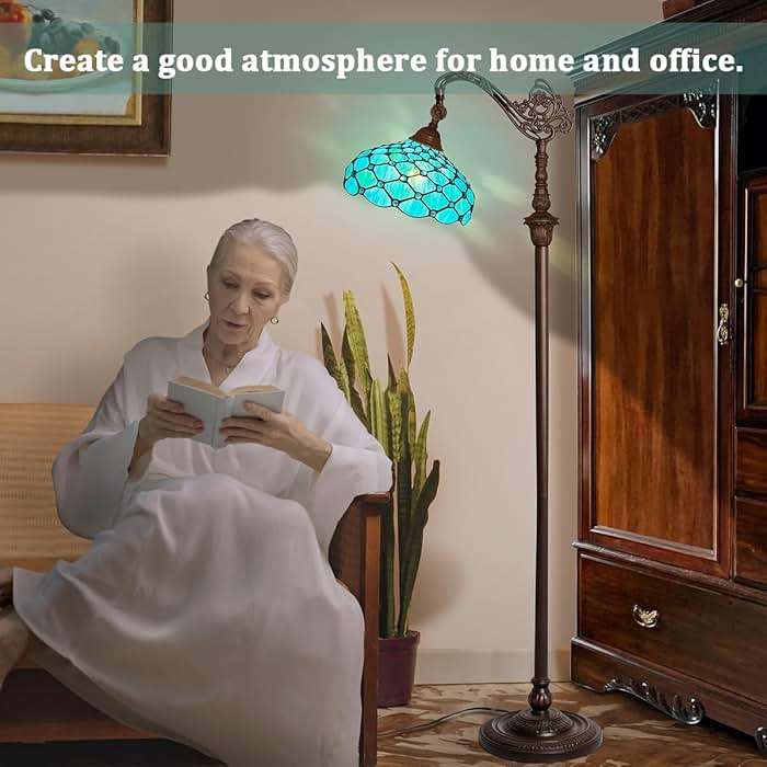 Capulina Tiffany Lamp Stained Glass Floor Lamp 62 Inches Tall Seagrass Blue Beads Soft Light Arched Adjustable Angle Tiffany Style Reading Lamp for Living Room Bedroom Study Home Office - Image 3