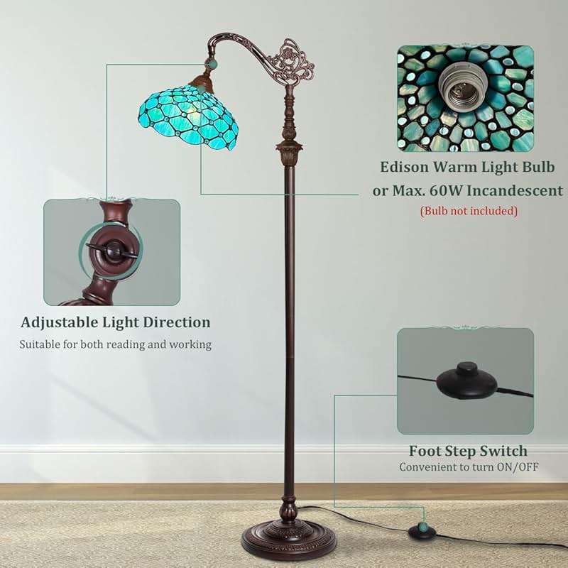 Capulina Tiffany Lamp Stained Glass Floor Lamp 62 Inches Tall Seagrass Blue Beads Soft Light Arched Adjustable Angle Tiffany Style Reading Lamp for Living Room Bedroom Study Home Office - Image 4