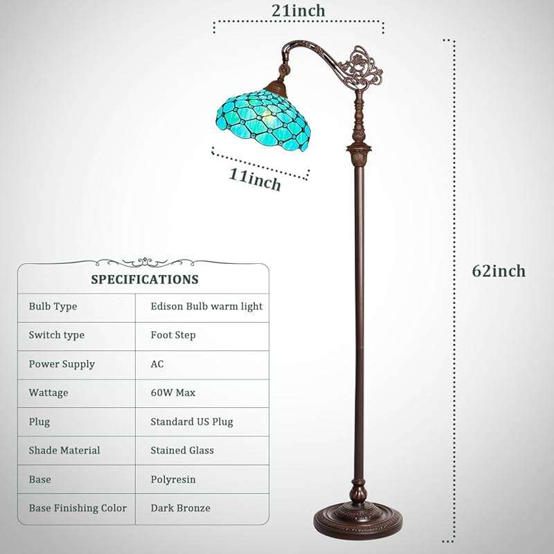 Capulina Tiffany Lamp Stained Glass Floor Lamp 62 Inches Tall Seagrass Blue Beads Soft Light Arched Adjustable Angle Tiffany Style Reading Lamp for Living Room Bedroom Study Home Office - Image 6