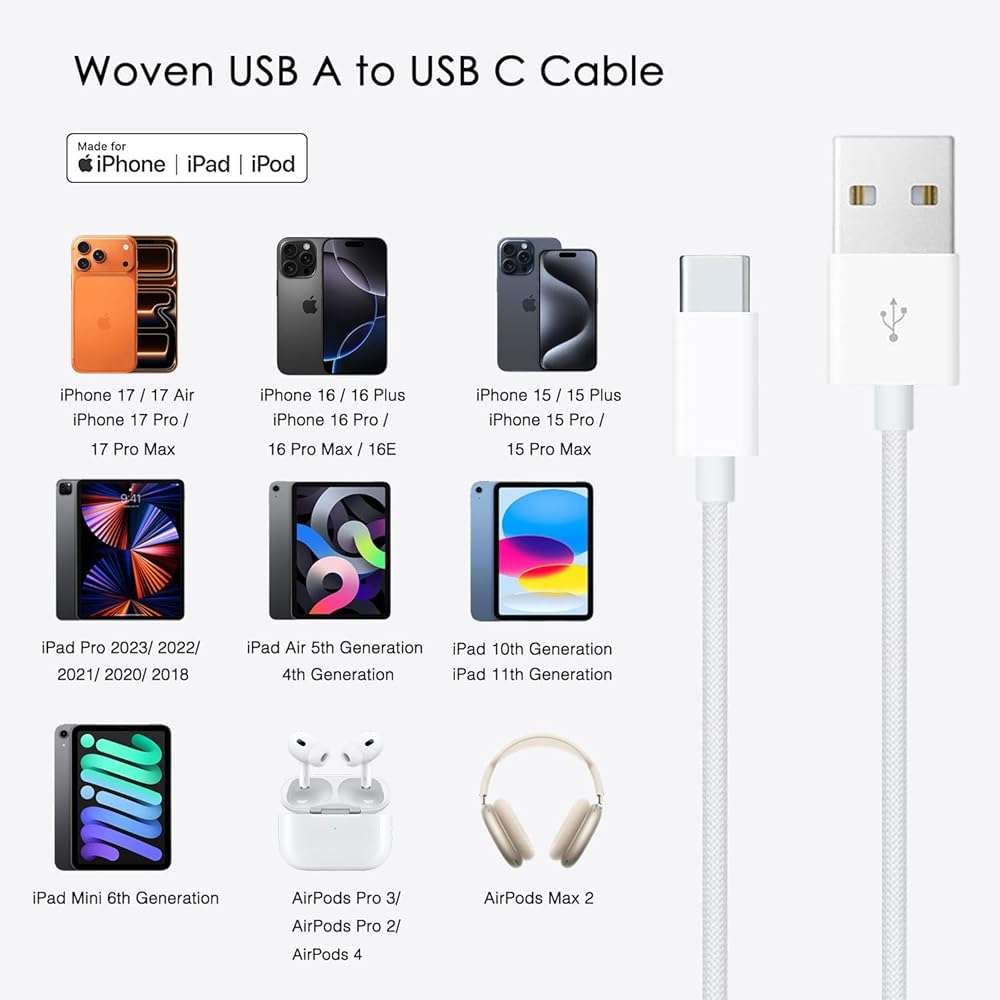 iPhone 15/16/16E/17/17E USB A to USB C Woven Cable for iPhone 17 15 16 Pro Max, 15/16 Plus, iPad 10th Gen,iPad Pro 12.9/11,iPad Air 5th/4th Gen,Mini 6th Type-c Charger Cord,Car CarPlay Charging Cable - Image 3