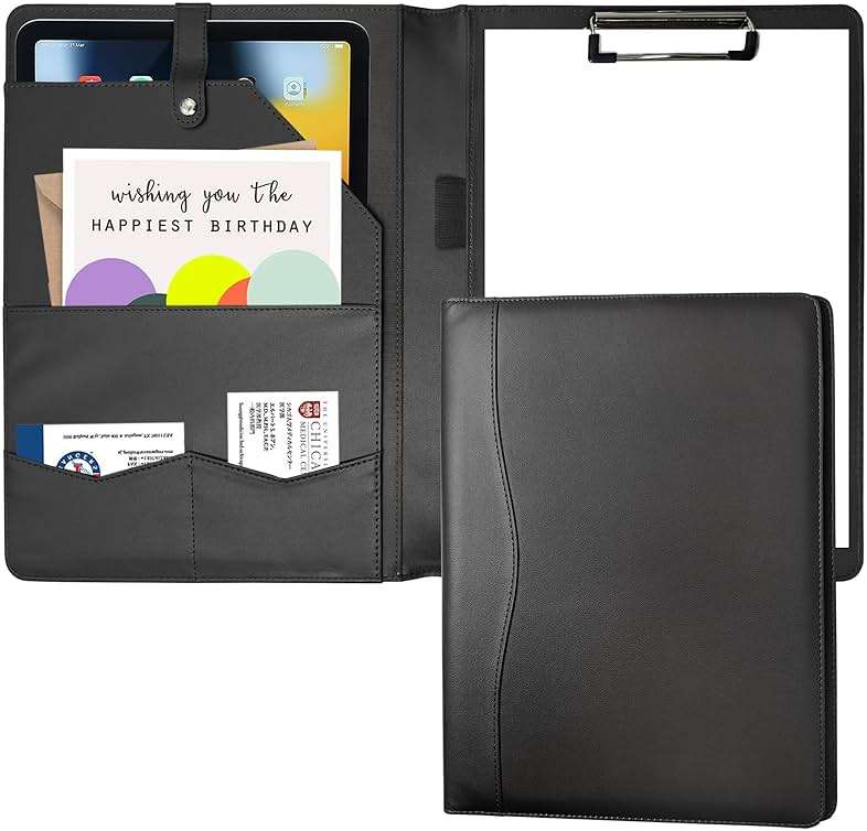 Portfolio Folder Padfolio with A4 Clipboard, PU Leather Portfolio Clipboard Business Binder Writing Clip Board Organizer for Legal Documents Business Card Men Women Black - Image 1
