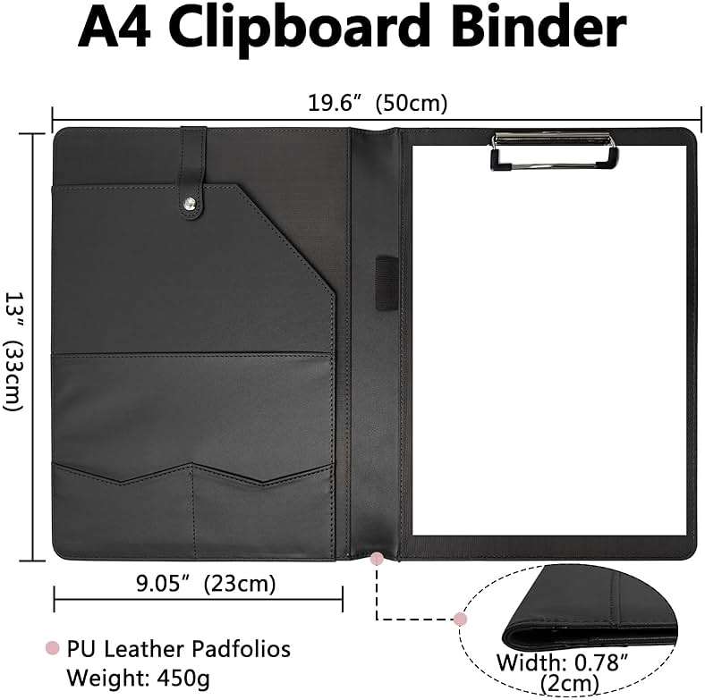 Portfolio Folder Padfolio with A4 Clipboard, PU Leather Portfolio Clipboard Business Binder Writing Clip Board Organizer for Legal Documents Business Card Men Women Black - Image 3