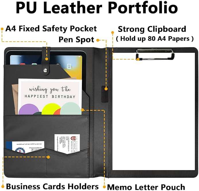 Portfolio Folder Padfolio with A4 Clipboard, PU Leather Portfolio Clipboard Business Binder Writing Clip Board Organizer for Legal Documents Business Card Men Women Black - Image 4