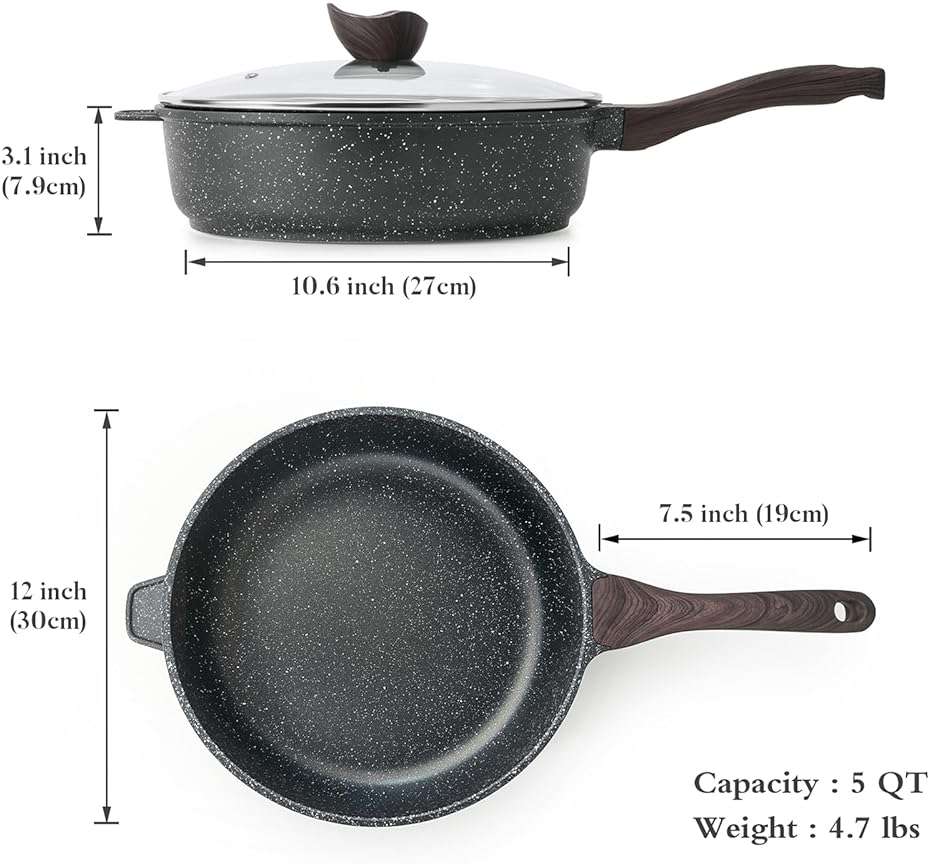 Kordisen Nonstick Deep Frying Pan with Lid, 12 Inch Large Skillet, 5 Qt Non Stick Saute Pan for Cooking, Healthy Induction Cookware, PFOA Free | Large Skillet, 5 Qt, Saute Pan, Healthy Coating, Induction, PFOA Free - Image 2