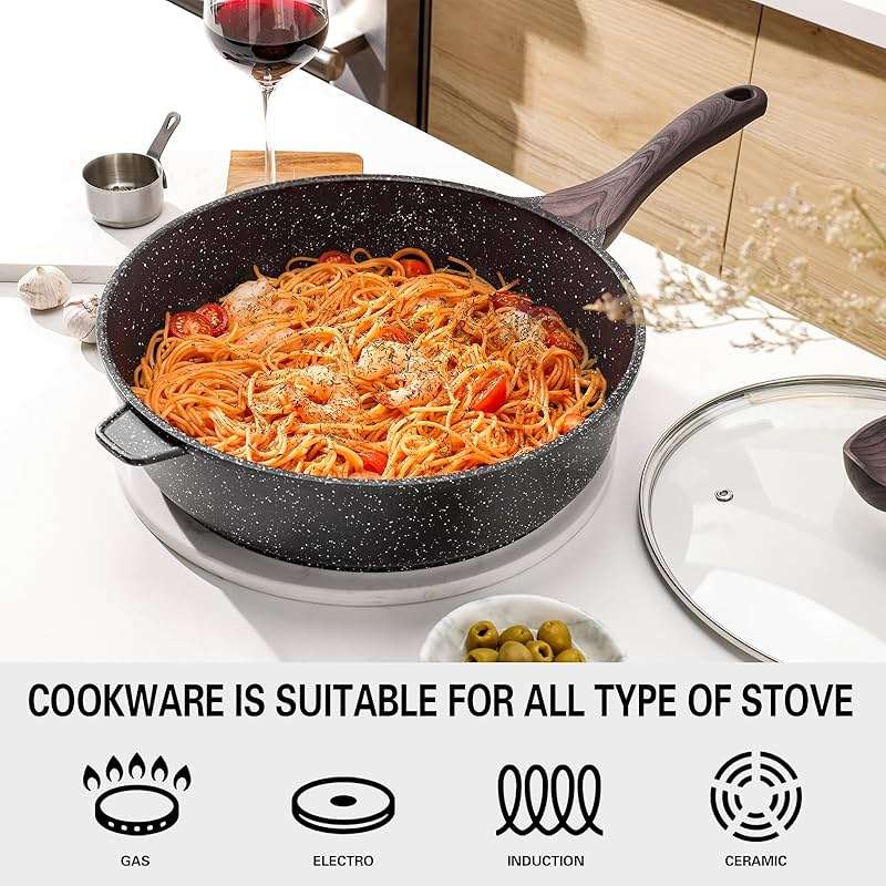 Kordisen Nonstick Deep Frying Pan with Lid, 12 Inch Large Skillet, 5 Qt Non Stick Saute Pan for Cooking, Healthy Induction Cookware, PFOA Free | Large Skillet, 5 Qt, Saute Pan, Healthy Coating, Induction, PFOA Free - Image 4