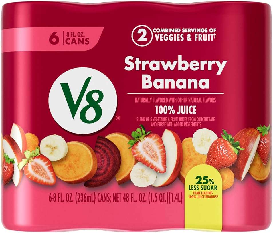 V8 Strawberry Banana 100% Fruit and Vegetable Juice, 8 fl oz Can (6 Pack) - Image 1