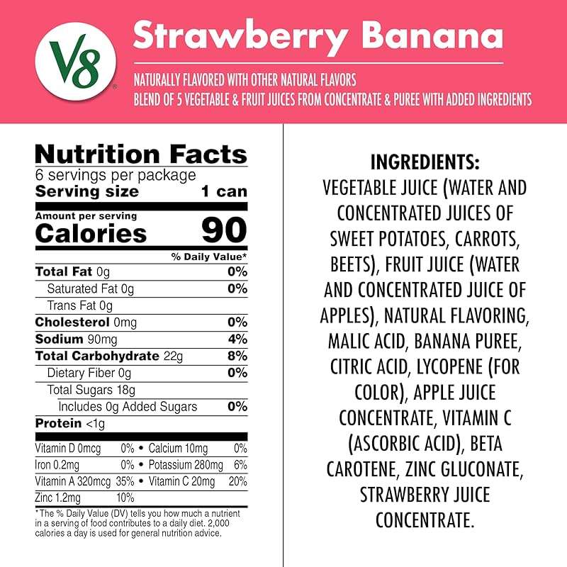 V8 Strawberry Banana 100% Fruit and Vegetable Juice, 8 fl oz Can (6 Pack) - Image 2