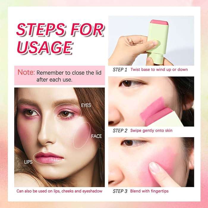 Tiejdhr Multi-Use Makeup Blush Stick, 3-in-1 Cream Blush Stick Beauty Tinted Solid Blush Stick for Cheek/Eyes/Lips, Waterproof Moisturizer Stick, Suitable for All Skin (01# Shy Pink) - Image 3
