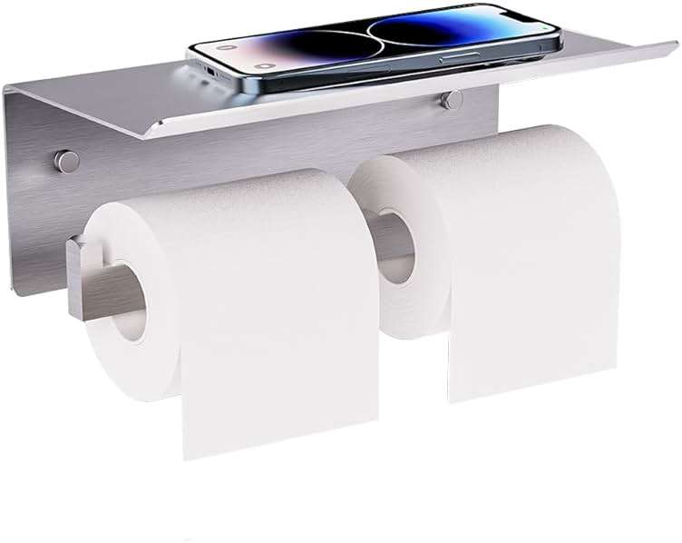 Double Toilet Paper Holder with Shelf, FreshGlow Large Tissue Holder Brushed Nickel, Wall Mount Commercial Toilet Paper Dispenser Phone Shelf Stainless Steel, Tissue Roll for Bathroom - Image 1