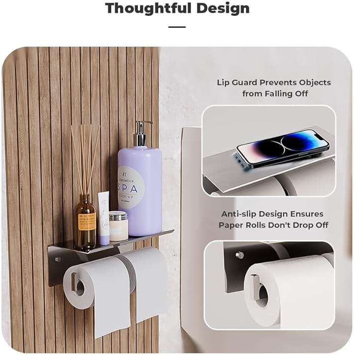 Double Toilet Paper Holder with Shelf, FreshGlow Large Tissue Holder Brushed Nickel, Wall Mount Commercial Toilet Paper Dispenser Phone Shelf Stainless Steel, Tissue Roll for Bathroom - Image 3
