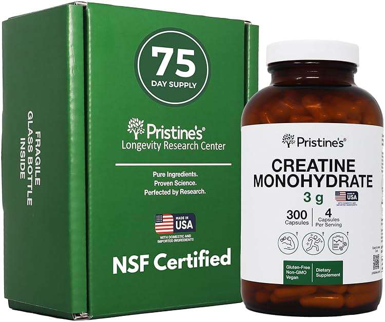 PRISTINE'S Creatine Monohydrate Capsules for Women & Men - NSF Certified 75 Day Supply 3G Creatine Pills for Women - Cognitive & Athletic Performance Support - Enhanced Recovery Glass Bottle - Image 1