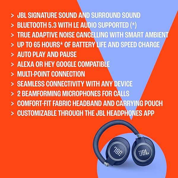 JBL Live 770NC - Wireless Over-Ear Headphones with True Adaptive Noise Cancelling with Smart Ambient, Up to 65 Hours of Battery Life, Comfort-fit Fabric Headband & Carrying Pouch (Blue) - Image 6