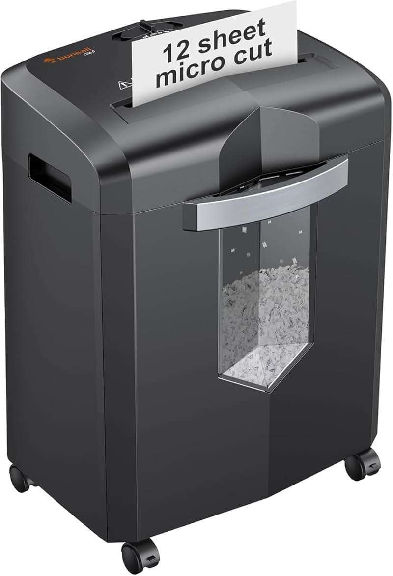 Bonsaii 12-Sheet Micro Cut Shredder, P-4 Security Level, Shreds Paper, CD, Credit Card, Mail, Staple & Clip - 60 Min Continuous Use, Jam-Proof System, 4.2 Gal Pullout Bin - Image 1