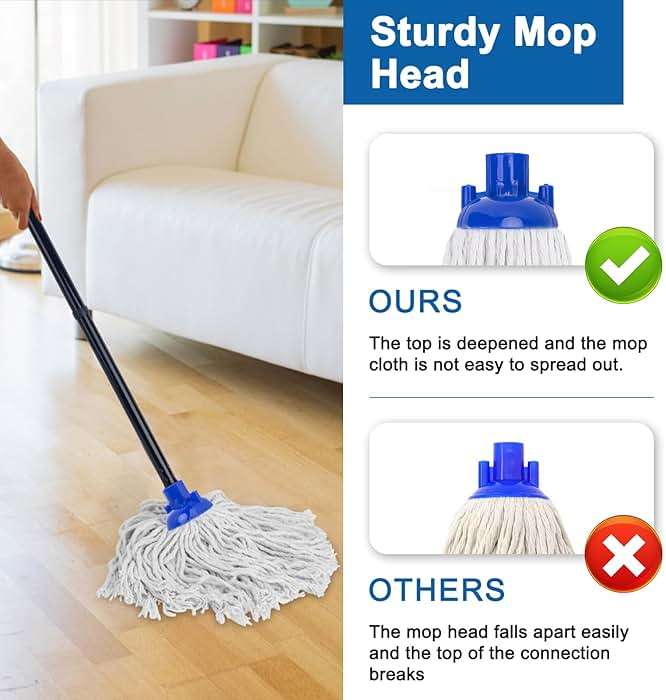 KeFanta Mop for Floor Cleaning,2 Pcs Cotton String Wet Mops Replacement Head Refill Compatible with Microfiber Cloth Mop & 0.8" Diameter Mops Handle(1 Handle & 2 Heads) - Image 5