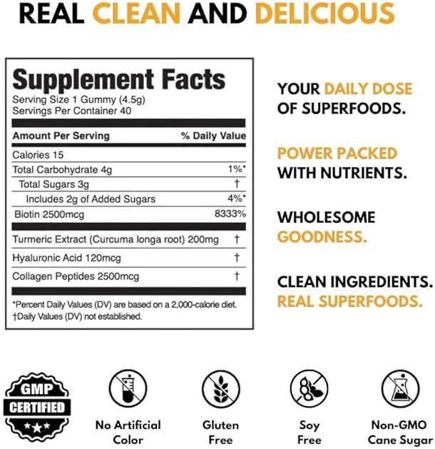 JUGO Beauty + SUPERFOODS Hair, Skin and Nails Collagen Gummies, Hyaluronic Acid and Turmeric Supplement, Cruelty-Free, Gelatin-Free and Gluten-Free Gummy Vitamins, Non-GMO, Made in USA, 40 Count - Image 3