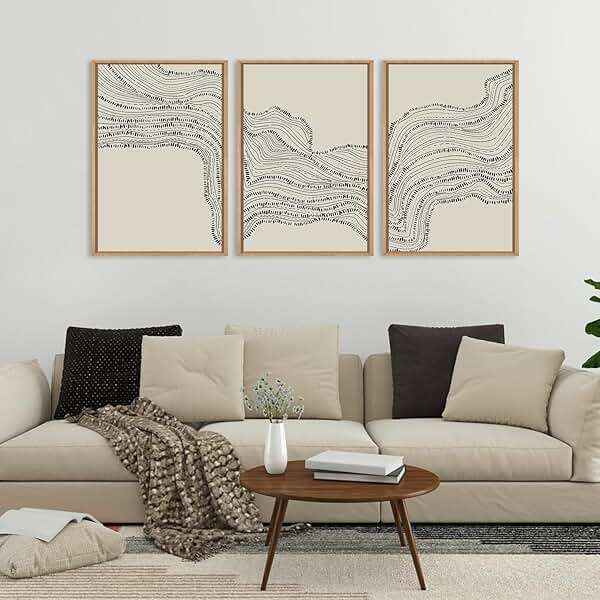 HLNIUC Neutral Abstract Framed Canvas Wall Art Set, Black Beige Wave Line Wall Decor, Large Minimalist Painting, Modern Geometric Art Print for Living Room, Bedroom, Dinning Room, Office - 16"x24"x3 - Image 2