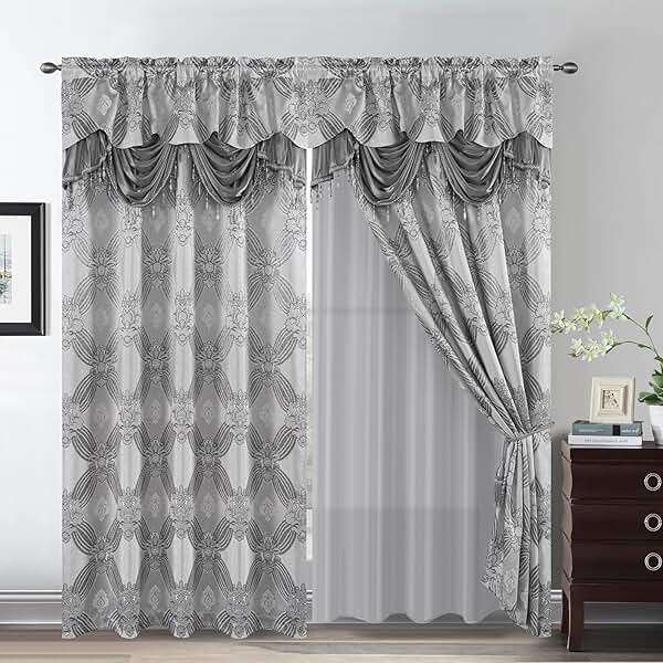 Petrichor Elegant Curtains with Gold Silver Threads 2 Panels Set - Luxury Window Treatment Attached Valance, Sheer Backing, and 2 Tie Backs for Bedroom and Living Room, 54x84 inches, Silver - Image 1