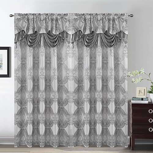 Petrichor Elegant Curtains with Gold Silver Threads 2 Panels Set - Luxury Window Treatment Attached Valance, Sheer Backing, and 2 Tie Backs for Bedroom and Living Room, 54x84 inches, Silver - Image 3