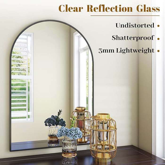 VooBang Arched Wall Mirror, 24 x 36 inch Arch Bathroom Mirror, Wall Mounted Vanity Mirror with Arch Metal Frame, Modern Bathroom Vanity Mirror for Bedroom, Living Room, Hanging or Leaning, Black - Image 3
