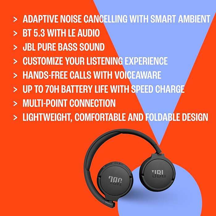 JBL Tune 670NC - Adaptive Noise Cancelling with Smart Ambient Wireless On-Ear Headphones, Up to 70H Battery Life with Speed Charge, Lightweight, Comfortable and Foldable Design (Black) - Image 5