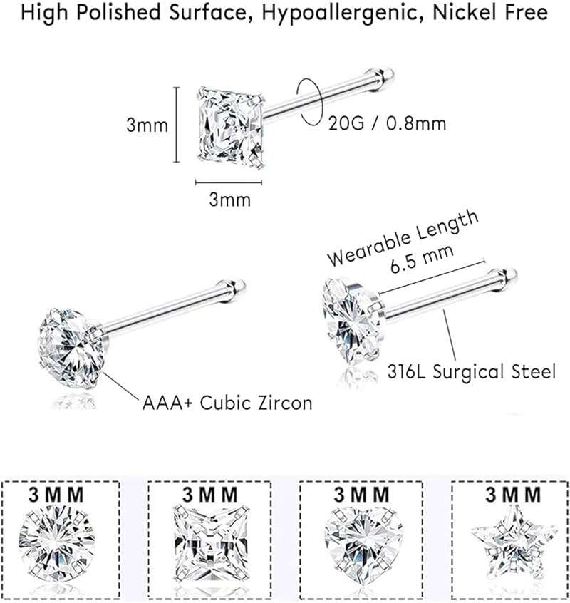 SEEDRILL 8Pcs 20G Nose Rings studs for Woman Hypoallergenic Nose Studs 316L Surgical Steel with Gold Plated Nose Piercings Jewelry 3mm CZ L Shape Nose Rings 20 Gauge Nose Stud Nose Screw Studs - Image 3